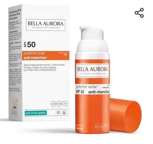 BELLA AURORA - Protector Solar SPF 50+ 50 ml, para Piel Mixta-Grasa, Crema Solar, Facial Antimanchas, Crema Protectora Solar, Bloqueador Solar, Absorción Rápida, Calma la Piel, Uso Diario