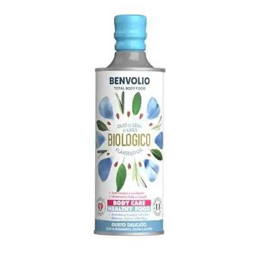 BENVOLIO - Aceite de Semillas de Lino Orgánico - Aceite de linaza | 500 ml | Rico en Omega 3 y Antioxidantes | Alimentario y Cuidado del Cabello | Anti-Frizz para Cabello Rizado | Omega 3 para Perros