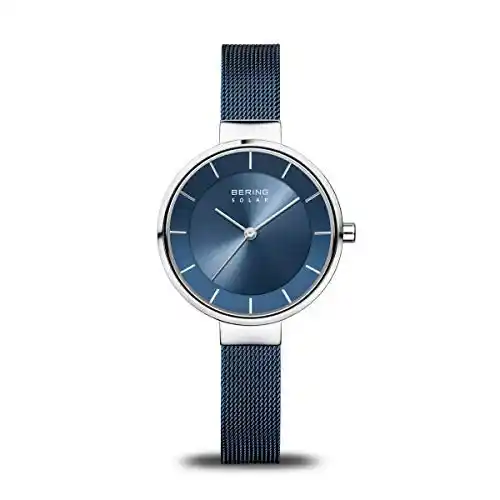 BERING 14631-307 Reloj solar para mujer con caja de acero inoxidable plateado de 31 mm y esfera azul, correa milanesa, cristal de zafiro y resistencia al agua de 5 ATM