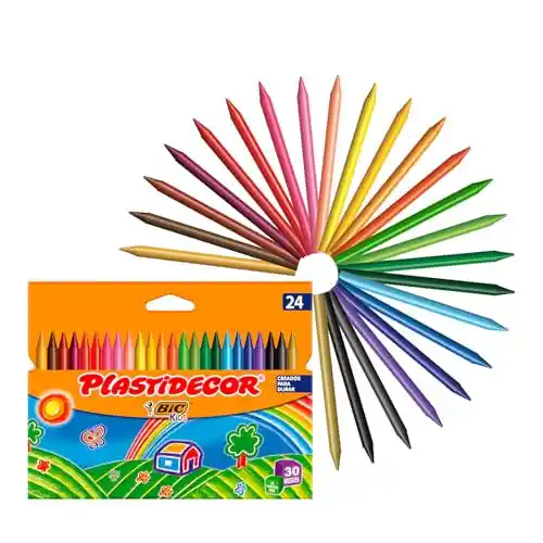 BIC Kids Ceras de Colores para Niños, Óptimo para material escolar,Plastidecor, Colores Vivos Surtidos, Ideal para colorear, 24 Ceras