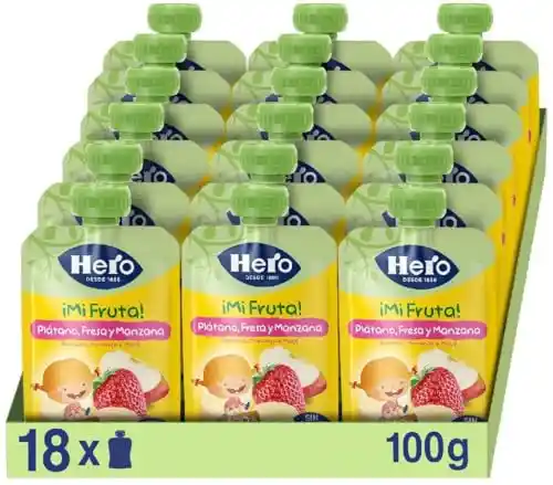 Bolsitas Hero de frutas (Plátano, Fresa, Manzana) para bebés, 100g