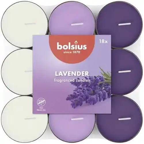Bolsius - 18 Velas de té Aromáticas - Lavanda - Duración de quema de 3,5 horas - Diámetro 38 mm – Extractos Naturales – Contiene Cera Vegana – Sin Aceite de Palma