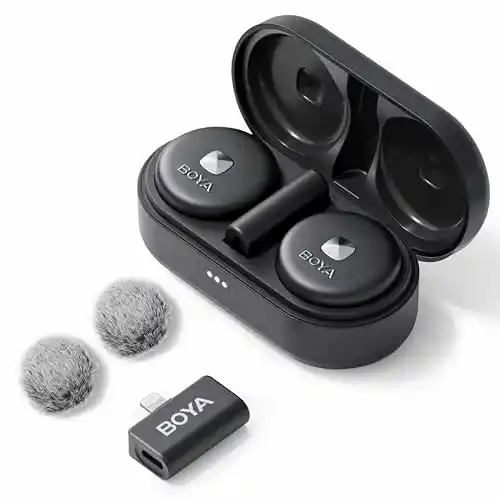 BOYA Omic-D Micrófono inalámbrico para iPhone, micrófono de Solapa con Clip magnético con cancelación de Ruido con Funda de Carga inalámbrica y transmisión de 164 pies para iPhone