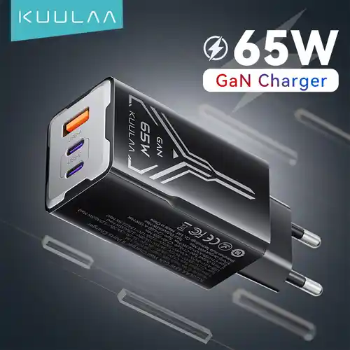Cargador GaN KUULAA 65W para dispositivos electrónicos.