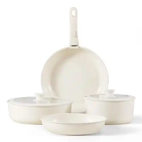 Batería de Cocina Induccion 7 Piezas, Sartenes Cerámica Antiadherentes, Mango Extraíble, Sartenes Para Freír 24/28cm, Cazos 18cm, Wok 26cm, Para Todo Tipo de Cocinas y Horno, Sin PFAS
