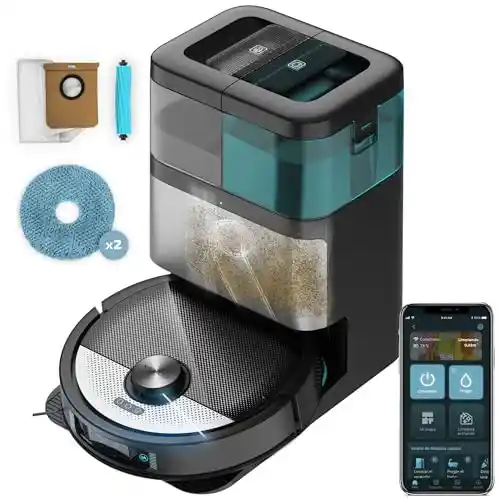 Cecotec Robot Aspirador y Friegasuelos Conga 16090 AI SpinArm Home&Wash. 8000Pa, App, Navegación Láser, Base Autovaciado con Tanques de Polvo y Agua, Limpieza-Secado de Mopas, Cepillo Silicona