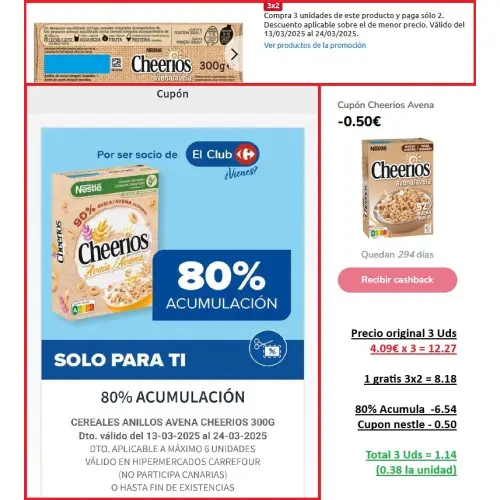 Cereales avena Cheerios Casi GRATIS en carrefour (Cuentas seleccionadas)