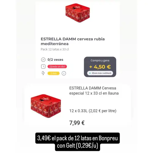 Cerveza estrella damm a 0,29€/lata en Bonpreu con Gelt
