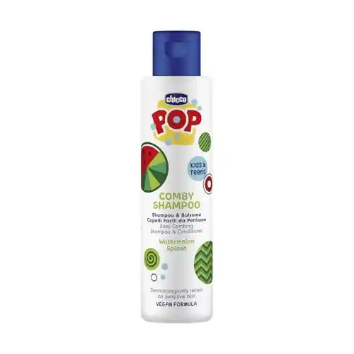 Chicco POP Champú y acondicionador Watermelon Splash, Aroma Sandía, champú y acondicionador de frutas, shampoo suave para niños, sin lágrimas, fórmula vegana, 250 ml