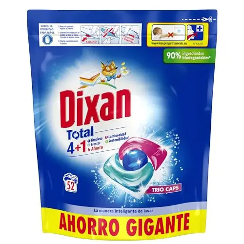 ¡Chollo! Dixan Total 4+1 Detergente en Cápsulas para Lavadora (52 lavados), jabón para ropa blanca y clara, limpieza, luminosidad y frescor en un detergente