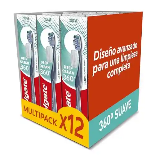 Colgate 360 Limpieza Profunda Cepillo de Dientes Suave, 12 Uds, Elimina Bacterias de Dientes, Lengua, Mejillas y Encías, Filamentos Interdentales Limpian entre los Dientes, Filamentos Antibacterianos*