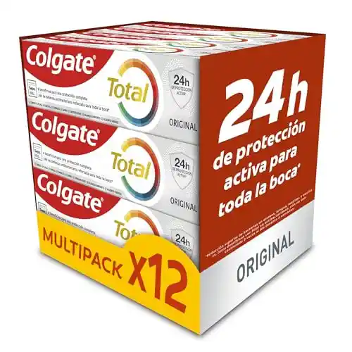 Colgate Total Original Pasta de Dientes, Pack 12 Uds x 75 ml, Dentífrico con 24H de Defensa Antibacteriana Reforzada para la Boca*, Tecnología Antibacteriana de Doble Zinc