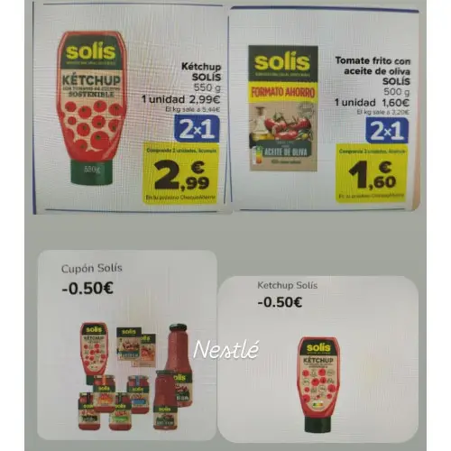 Combinación 2x1 tomate Solis y cupones descuento Nestlé (en Carrefour)