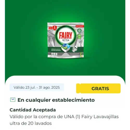 Consigue Fairy Lavavajillas Ultra gratis con reembolso en la cuponera (válido en cualquier tienda)