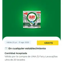 Consigue Fairy Lavavajillas Ultra gratis con reembolso en la cuponera (válido en cualquier tienda)