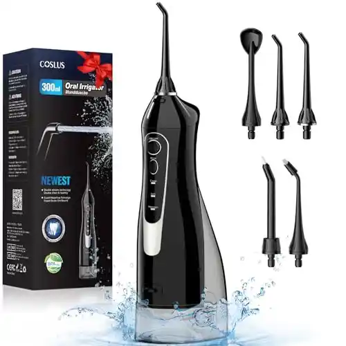 COSLUS Irrigador Bucal Portatil Flosser: 300ML Irrigador Dental Inalámbrico de Riego para Limpieza Dental Doble chorro de agua IPX7 Impermeable Limpieza Diente Para el Hogar baño y los Viajes Negro