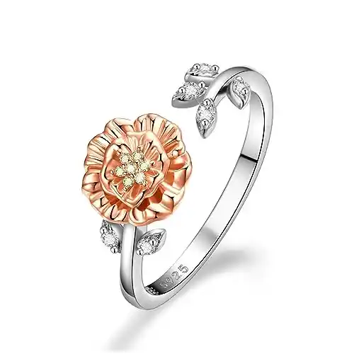 Anillo Mujeres 925 Plata Esterlina Personalizada Hoja Nacimiento Piedra Ajustable Anillo Abierto.