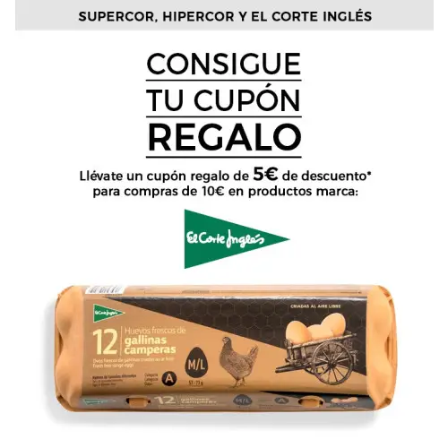 Cupón 5€ de descuento en compras de 10€ o más en huevos (Grupo el corte inglés)