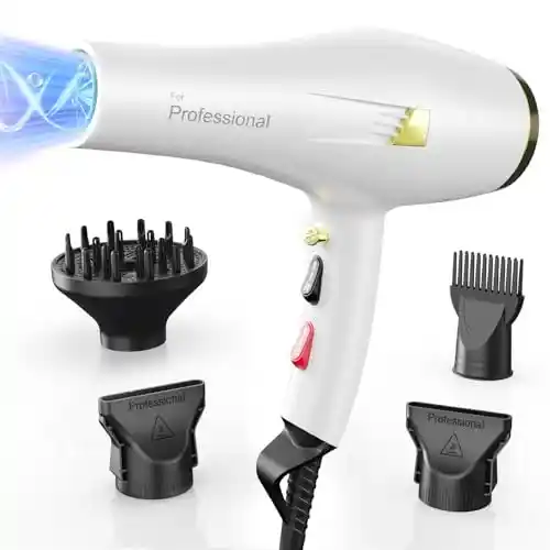 Dekuri Secador Pelo Profesional, Secador Iónico Cabello Sin Encrespamiento, Secado Rápido Salón Secador de Pelo con Difusor y Boquillas, 3 Temperaturas y 2 Velocidades para Mujeres y Hombres (Blanco)