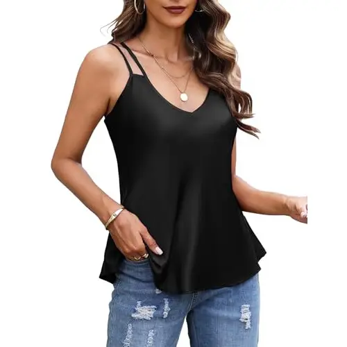 Demegimi Camisetas Tirantes Mujer Camiseta de Verano de Satén Tops de Verano con Cuello en V Blusas Holgadas Informales Ajuste Holgado Chalecos Interiores para Mujer Elegante Strappy Top(Negro,S)