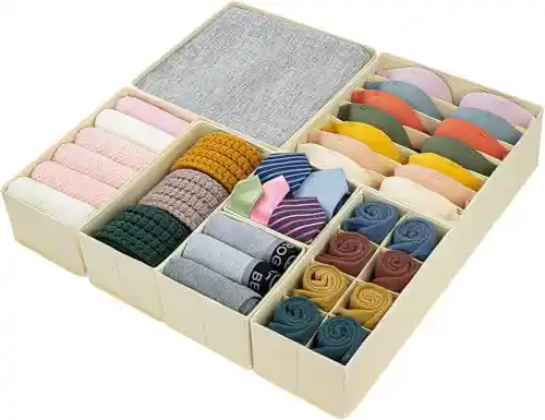 DIMJ Organizador Cajones Juego de 7 Cajas Almacenaje Plegables de Tela para Guardar Ropa, Cajas Organizadoras de Almacenamiento de Cajones Divisores, Beige