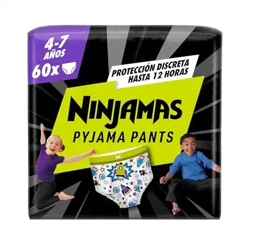 DODOT Ninjamas Pañal Branguita para Pijama con Naves Espaciales, 60 Pañales de Pijama, 4-7 Años, 17kg-30kg, Protección contra fugas toda la noche