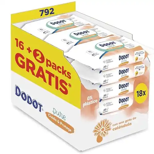 Dodot Toallitas Pure Cuida & Protege Para Bebé 18 Paquetes De 44 Unidades = 792 Toallitas, Ayuda a restaurar el pH natural de la piel, una gota de Caléndula