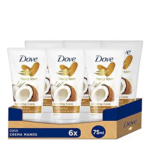 Dove Crema Hidratante de Manos con Aceite de Coco 100% Natural y Leche de Almendras para Piel Normal a Seca, Pack de 6 x 75 ml