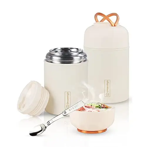 Dreamhigh® Termo para Comida 550 ml, Recipiente Térmico para Comida, Frasco Acero Inoxidable Contenedor Térmico con e Cuchara Plegable, para Adultos Niños, Sin BPA, 10h Caliente/ 12h Frío (Blanco)
