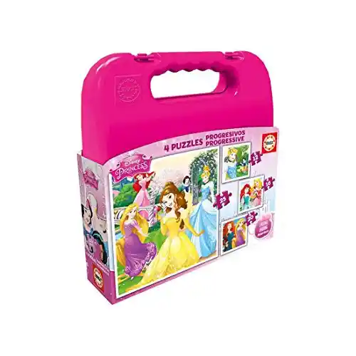 Educa - 4 Puzzles Infantiles Princesas Disney | Maleta con 4 Puzzles progresivos | Puzzles recomendados para niños a Partir de 3 4 y5 años (16508)