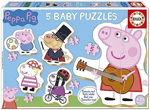 Educa - Conjunto de 5 Baby Puzzles Infantiles progresivos Peppa Pig de 3 a 5 Piezas. Recomendados a Partir de 24 Meses