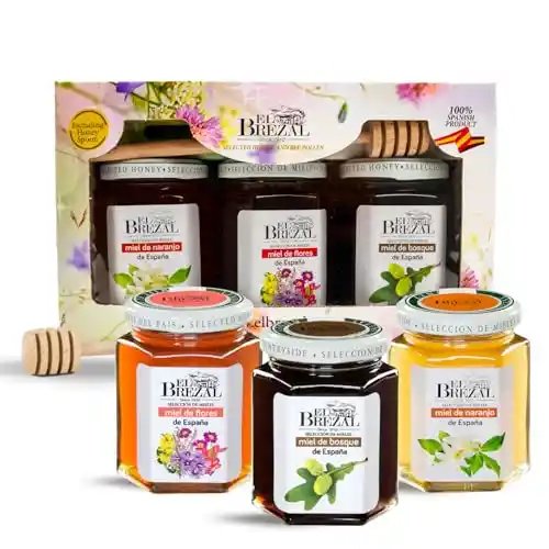 El Brezal - Miel de Flores, Miel de Naranjo y Miel de Bosque - Miel Natural 100% Cosechada en España, Pack Regalo Sabores de España con Cuchara de Madera Incluida (3 Botes de 250 gr)