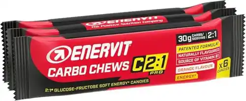 Enervit Carbo Chews C2:1PRO, Gominolas con Maltodextrinas y 30g de Carbohidratos, Para Actividades de Larga Duración y Alta Intensidad, Sin Gluten, Sabor Naranja, 3 Packs de 6 Gominolas