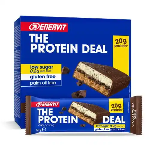 Enervit, The Protein Deal Choco & Vanilla Dream, Barritas Proteicas Enervit, 20g de Proteína, Sabor Vainilla y Chocolate Negro, Snacks Proteicos Sin Gluten, Bajos en Azúcar, 12 x 55g Barritas