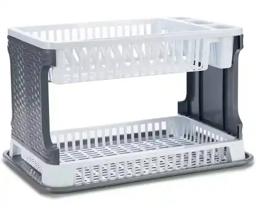 Escurreplatos de Plastico -Escurridor de Platos 2 Alturas con Bandeja - Textura Ratan - Gran Capacidad y Resistencia 40 x 26 x 26 cm