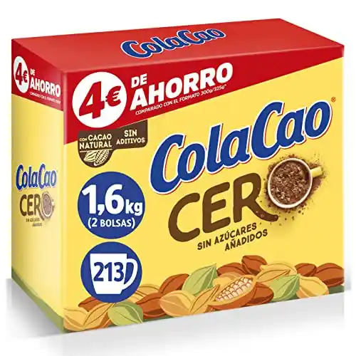 Estuche ColaCao 1.6kg, cacao soluble 0% azúcares añadidos.