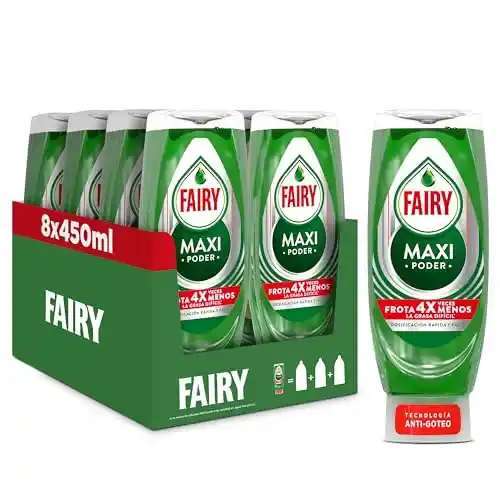 Fairy Maxi Poder Lavavajillas Liquido a Mano, 3,6 L (8 x 450 ml), Con Poder Antigrasa, Limpieza Facil Platos, Ollas Y Sartenes Mas Grasientas