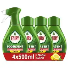 4x 500ml Fairy Poder Sin Remojo Limón Spray Recambio, Vajilla y Cocina, Antigrasa, 2000ml