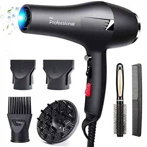 Faszin secador pelo profesional 2400W, Iónico Cabello Sin Encrespamiento, Motor AC Gran Caudal de Aire, secador con difusor y Concentrador, 3 Temperaturas, 2 Velocidades (Negro)