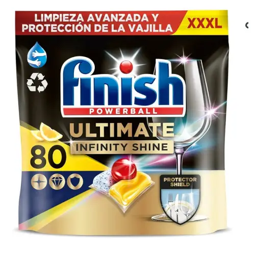 Finish Powerball Ultimate Infinity Shine pastillas lavavajillas, 80 cápsulas lavavajillas, Limpieza avanzada y protección de la vajilla, Aroma limón