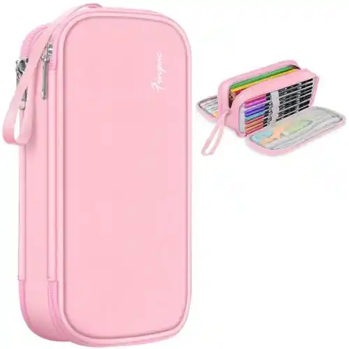 FINPAC Estuche Escolar con 3 Compartimentos, Gran Capacidad Bolsa de Lápices, Portalapices Organizador Neceser Maquillaje para Niñas Niños Adolescentes Estudiantes Adultos, (Rosa)