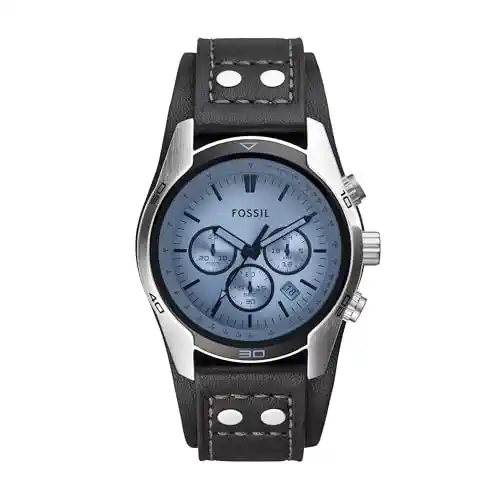 Fossil Reloj para hombre Coachman, movimiento cronógrafo de cuarzo, caja de acero inoxidable plateado de 45mm con correa de piel auténtica, CH2564