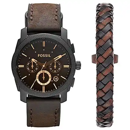 Fossil Reloj para hombre Machine, movimiento cronógrafo de cuarzo, 42mm Caja de acero negro con correa de piel, FS5251SET, 42MM, Marrón Oscuro