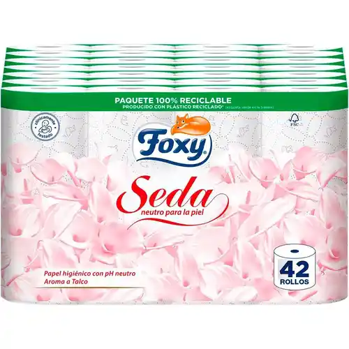 Foxy Seda Papel higiénico Neutro 42 Rollos 3 Capas Alto grosor 173 servicios por rollo AROMA TALCO Papel 100% certificado FSC Paquete 100% reciclable blanco