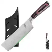 FULLHI Cuchillo Nakiri, Multi Color 7inch Cuchillo Japonés con funda, Acero Inoxidable Cuchillo Cocina Carne Verdura con Guarda (Madera Café)