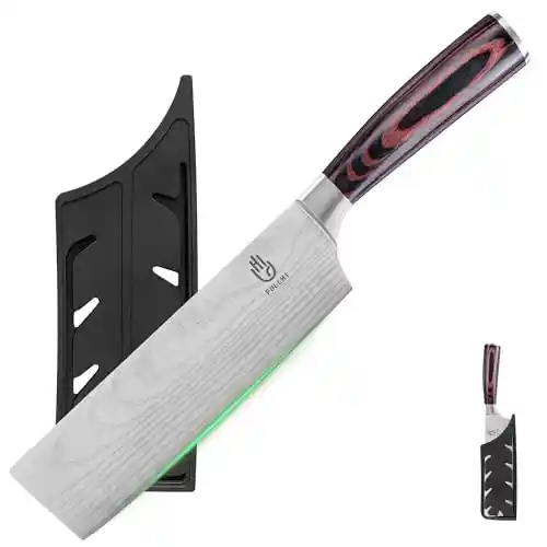 FULLHI Cuchillo Nakiri, Multi Color 7inch Cuchillo Japonés con funda, Acero Inoxidable Cuchillo Cocina Carne Verdura con Guarda (Madera Café)