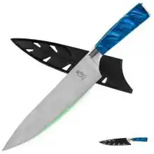 FULLHI Cuchillos de cocinero, Cuchillo Japonés Multicolor de 8 Pulgadas con Guarda, Cuchillo de Cocina Alemán de Acero Inoxidable Premium con funda (Resina azul)