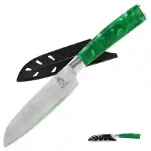 FULLHI Cuchillos Santoku, Cuchillo Japonés Multicolor de 5 pulgadas con funda, Cuchillo de Corte Cuchillo de Cocina de Acero Inoxidable con Guarda (Resina verde)