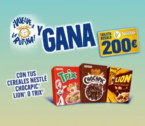 Gana 200€ en Tarjeta Regalo Nestlé comprando Chocapic, Lion o Trix (Sorteo por compra)