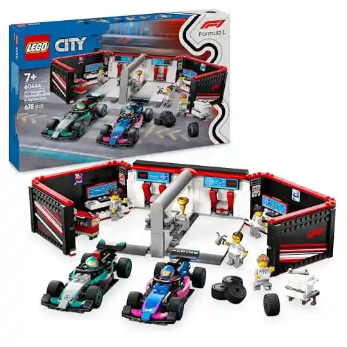 Garaje LEGO City de F1 con coches Mercedes-AMG y Alpine.